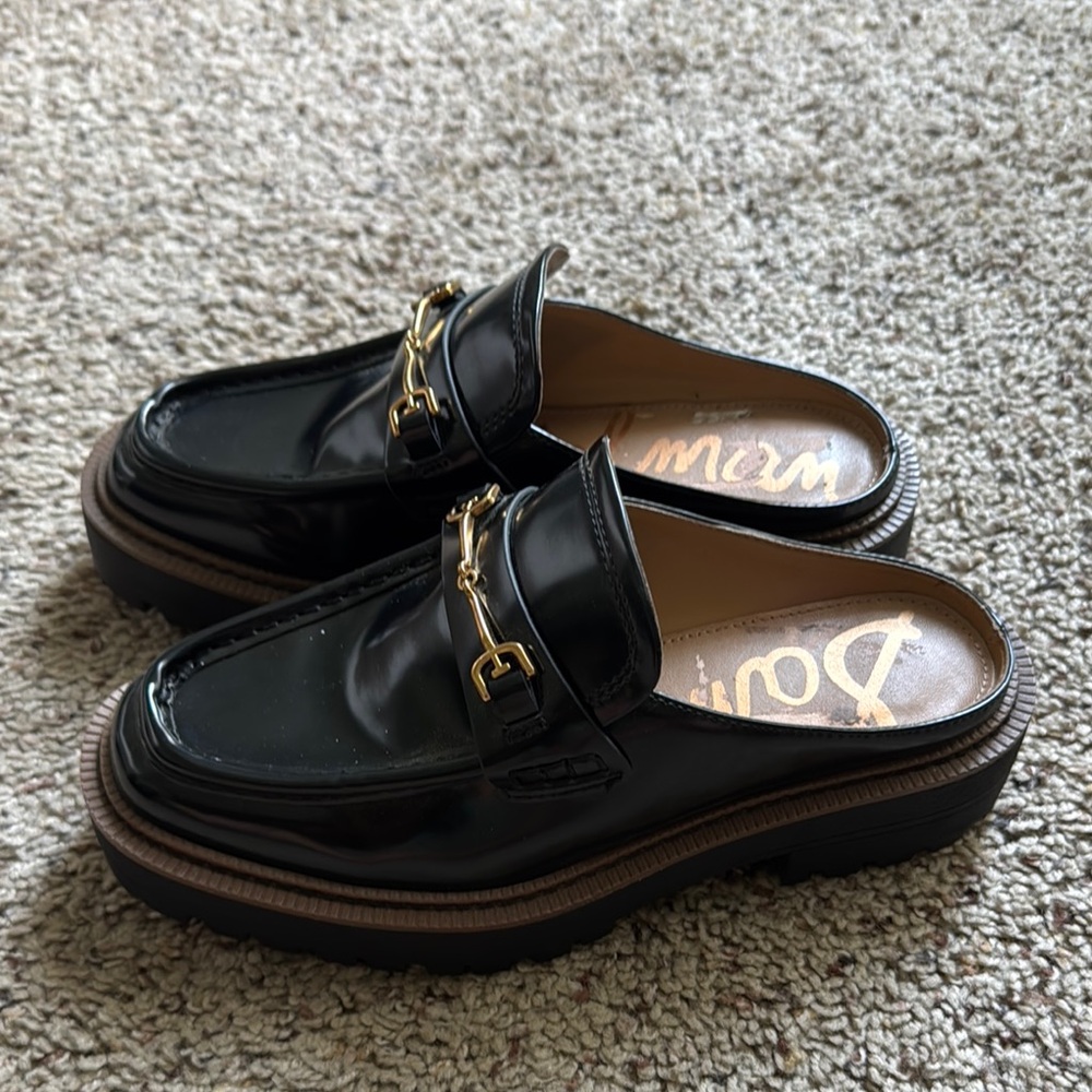 Black Leather Loafers with Gold Buckle